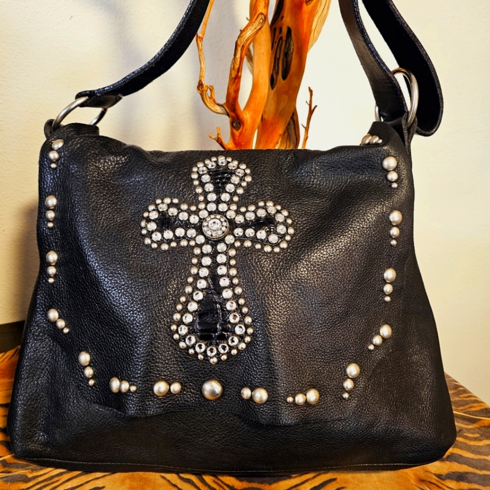 Leatherock USA Emb. Crystal Cross Blk. Studded Handbag Vintage EUC